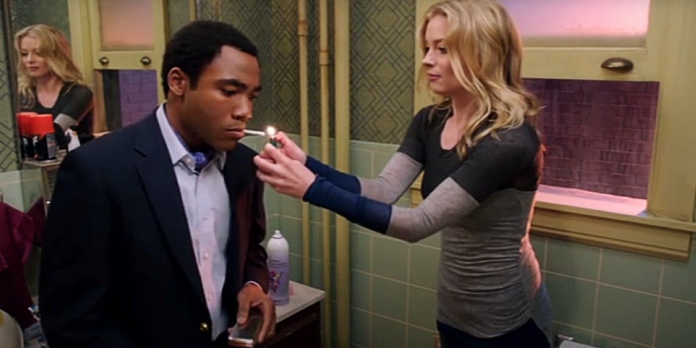 An image of Troy and Britta in the bathroom talking in Community