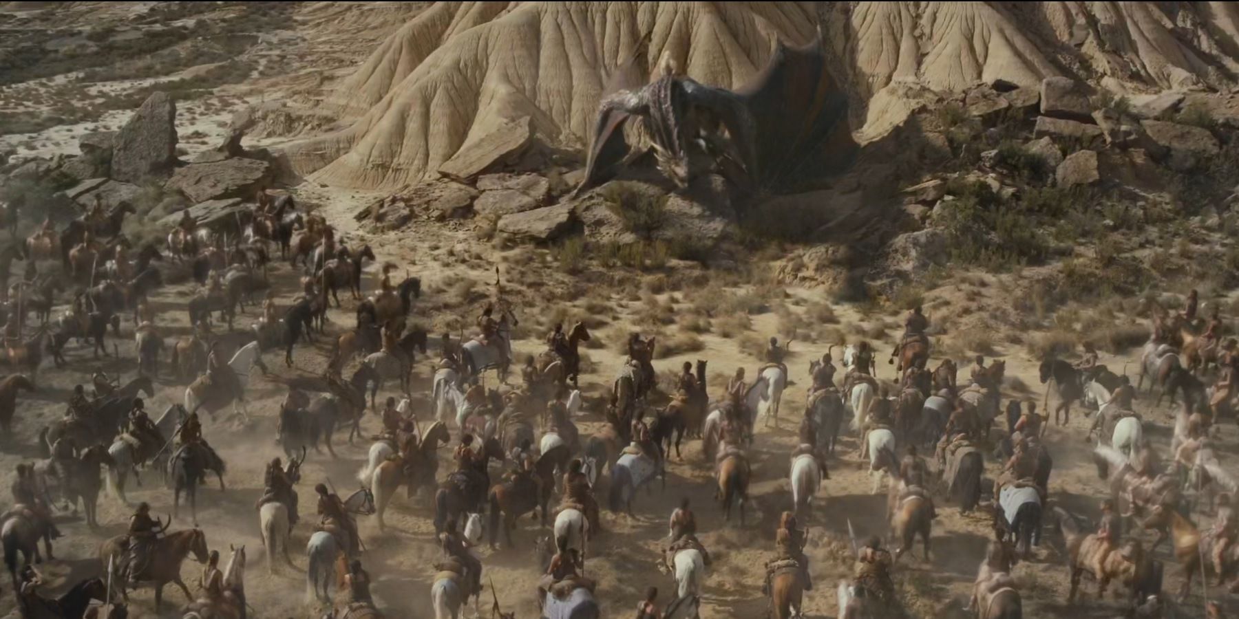 A Dothraki hoard gathering in Game of Thrones.