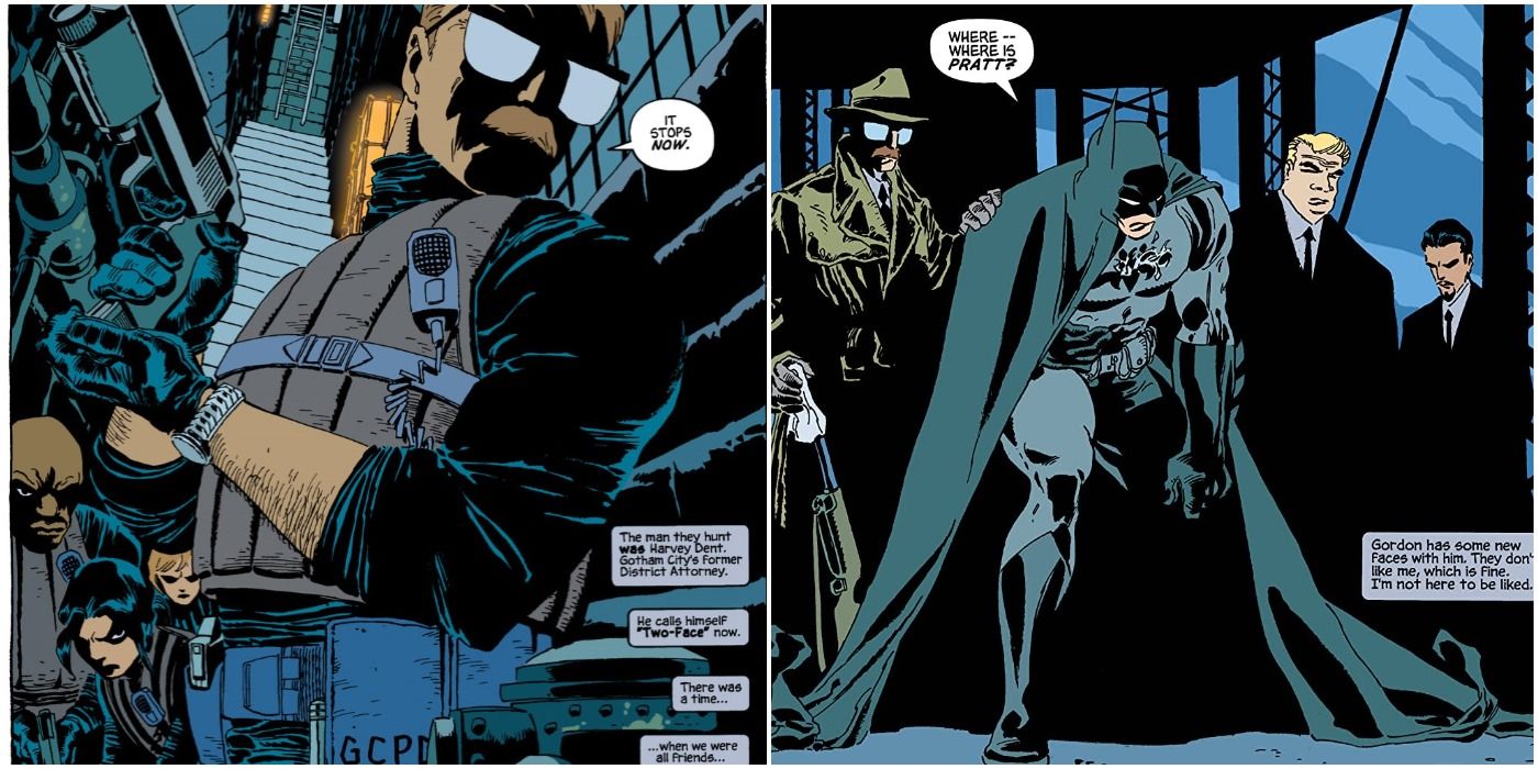 Panels from Jeph Loeb and Tim Sale's sequel to The Long Halloween, Dark Victory