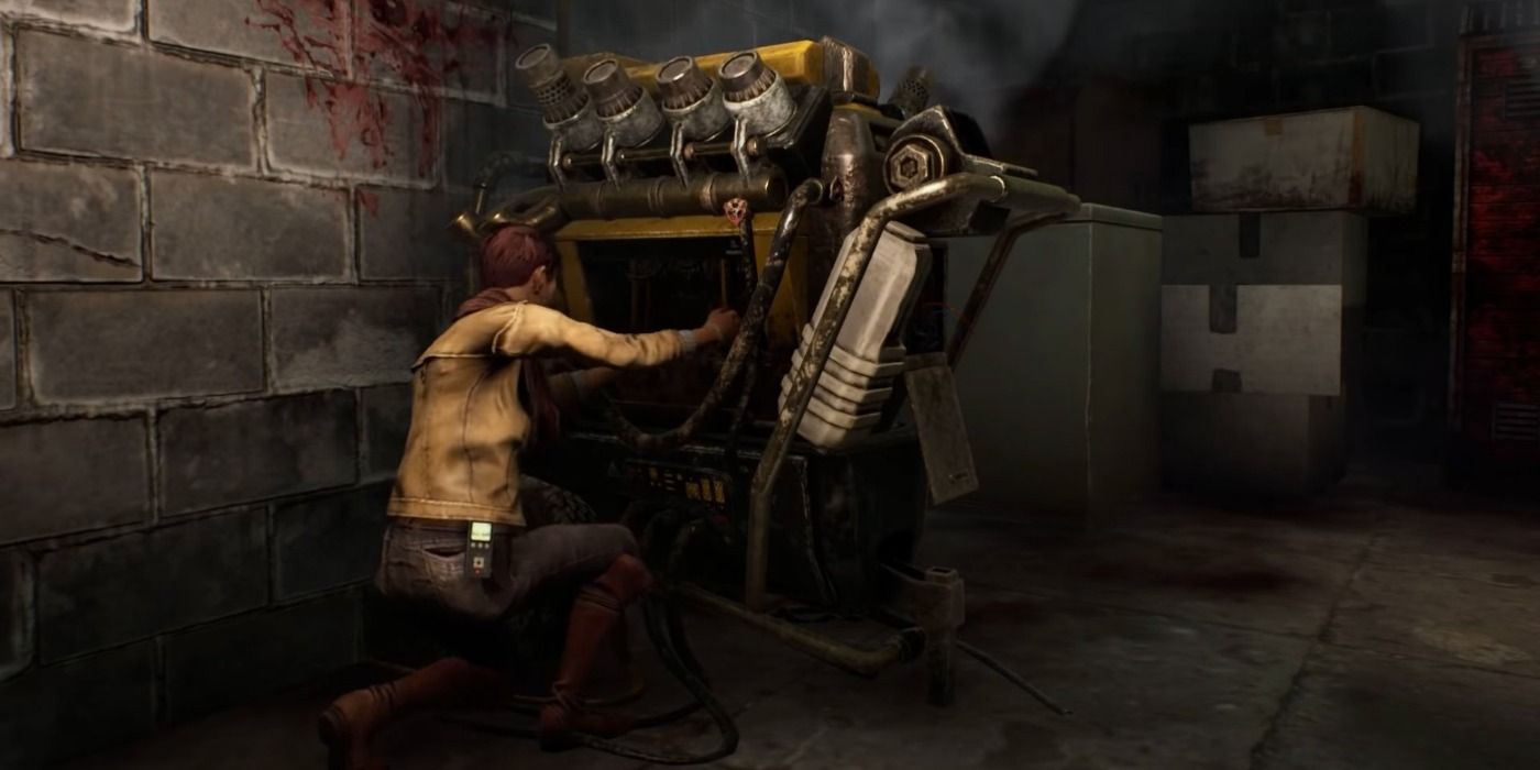 Dead By Daylight survivor repairing a generator