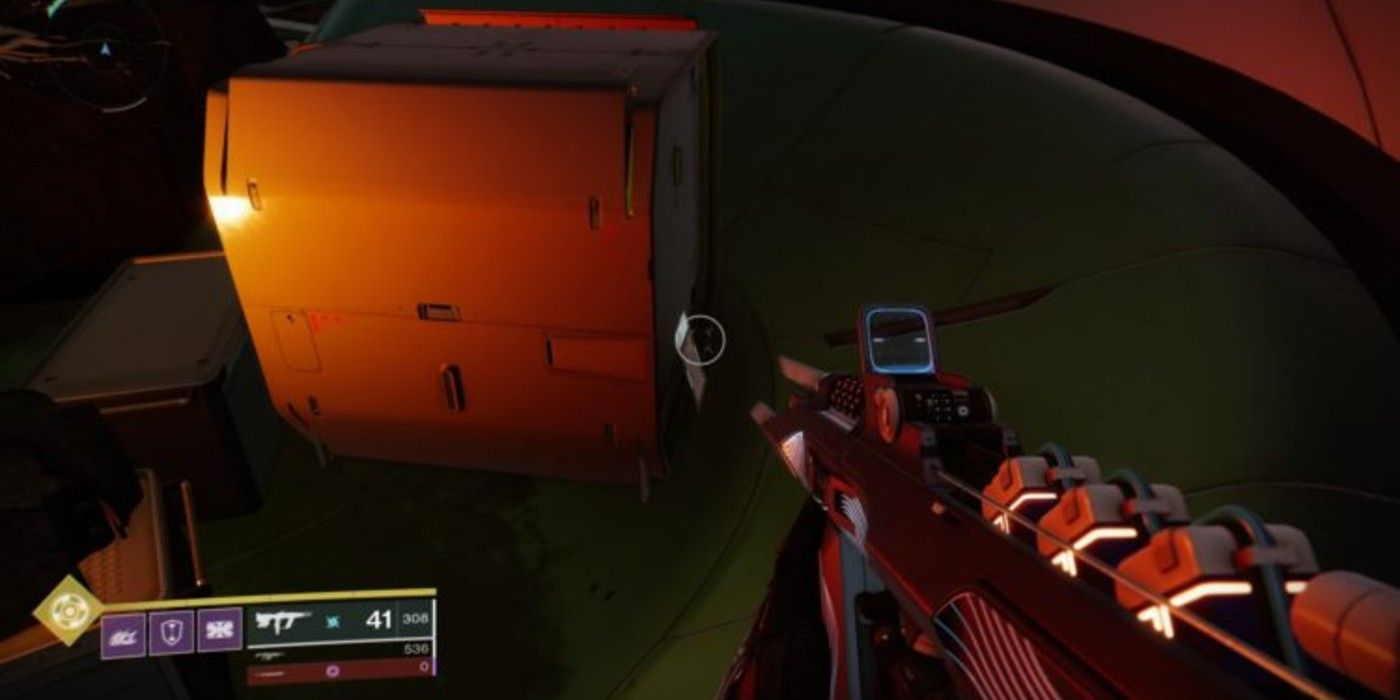 A player finds Data Log 1 behind the metal crates during the Deep Stone Crypt Raid in Destiny 2: Beyond Light