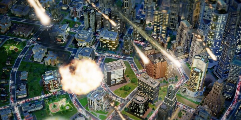 Asteroids destroy a city in Sim City