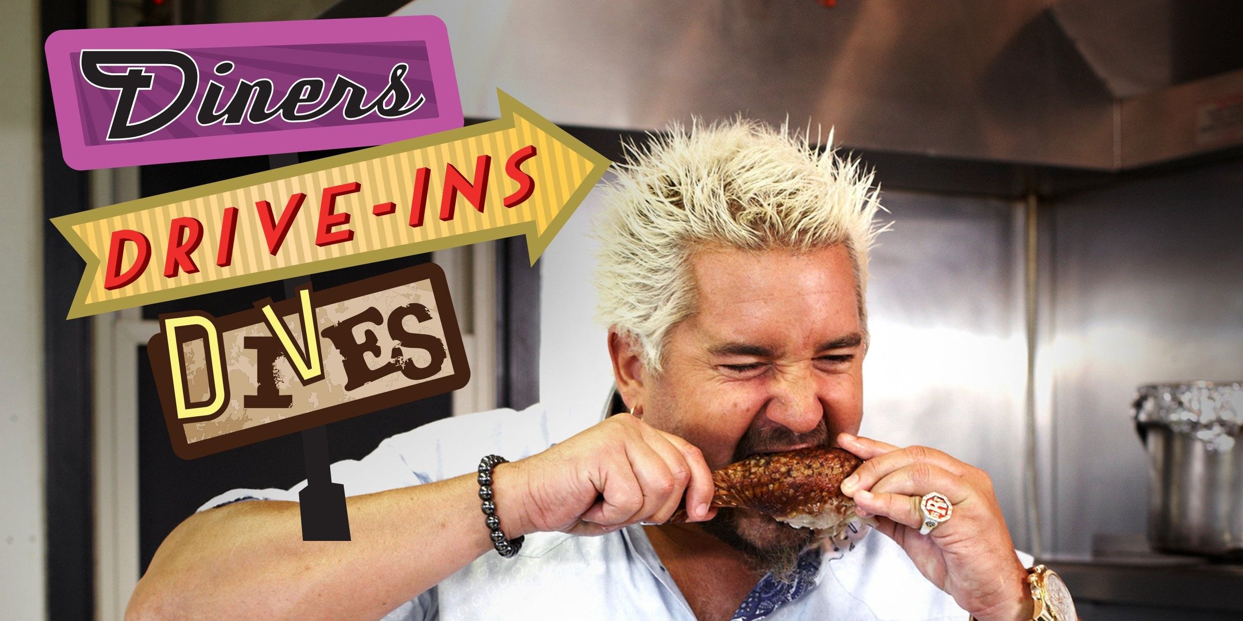 Guy Fieri eating with a logo above him