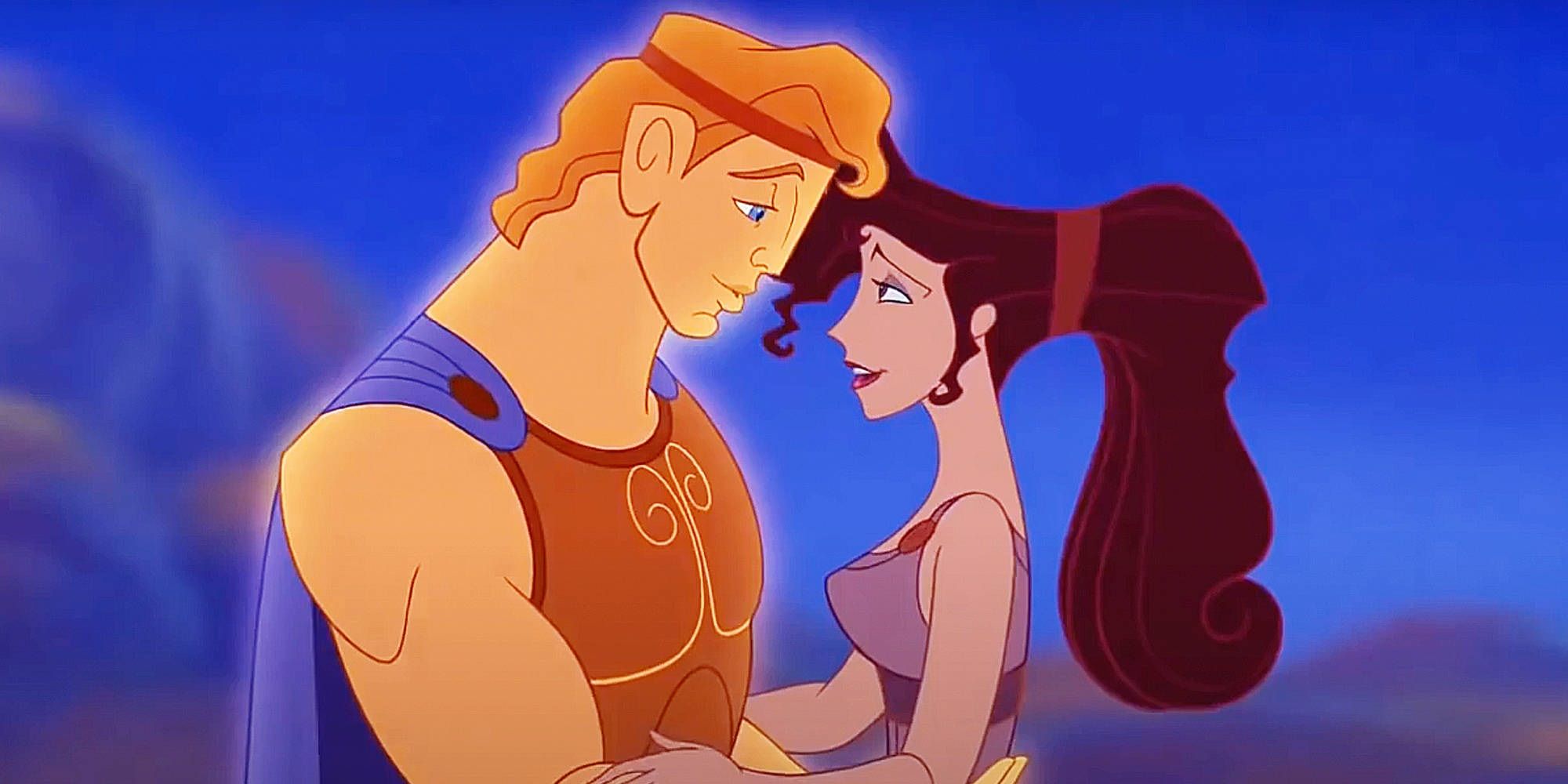 Hércules e Megara se abraçam em Hércules da Disney