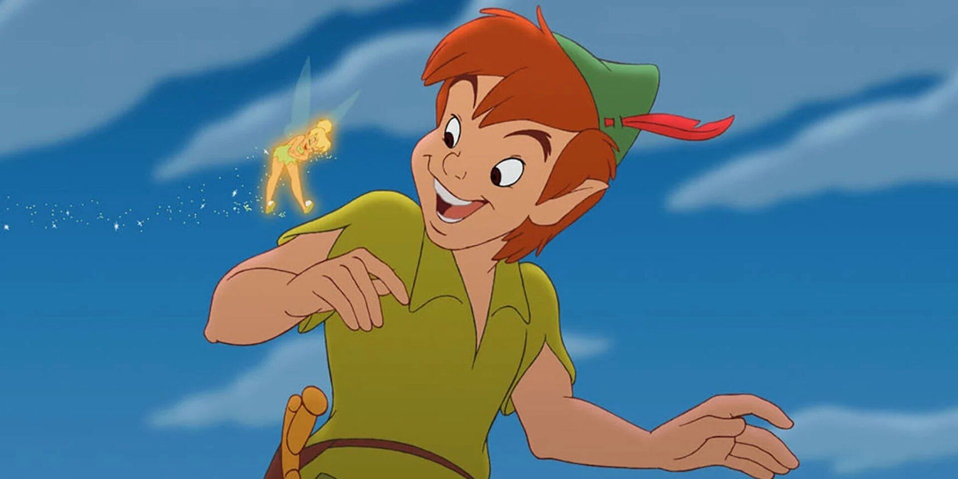Disney's Peter Pan and TInkerbell with a blue sky background.