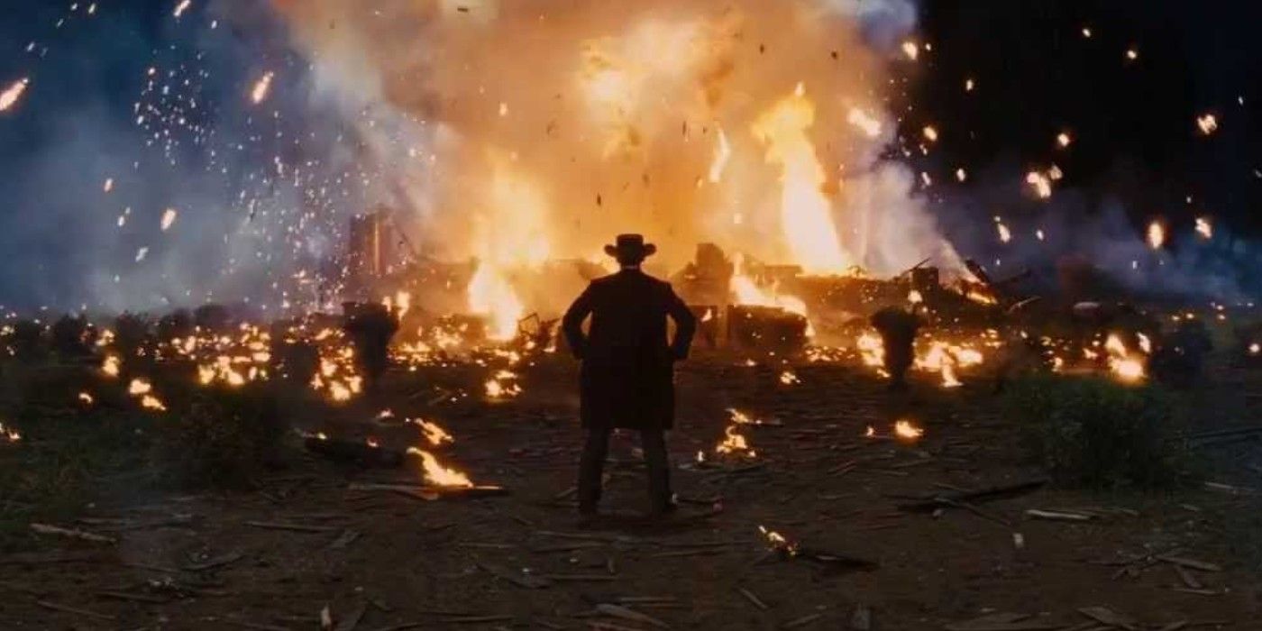 Django stands in front of the Candyland Explosion in Django Unchained