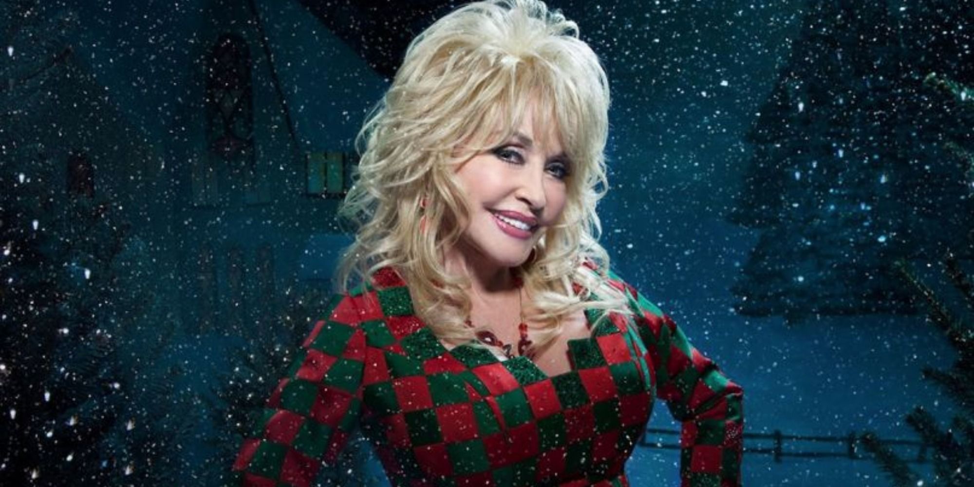 A promotional image featuring Dolly Parton in Dolly Parton's Christmas On The Square