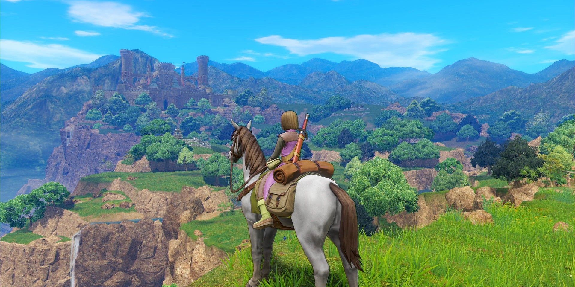 Screenshot from Dragon Quest XI S shows the purple Luminary protagonist atop his white horse on a grass cliff face.