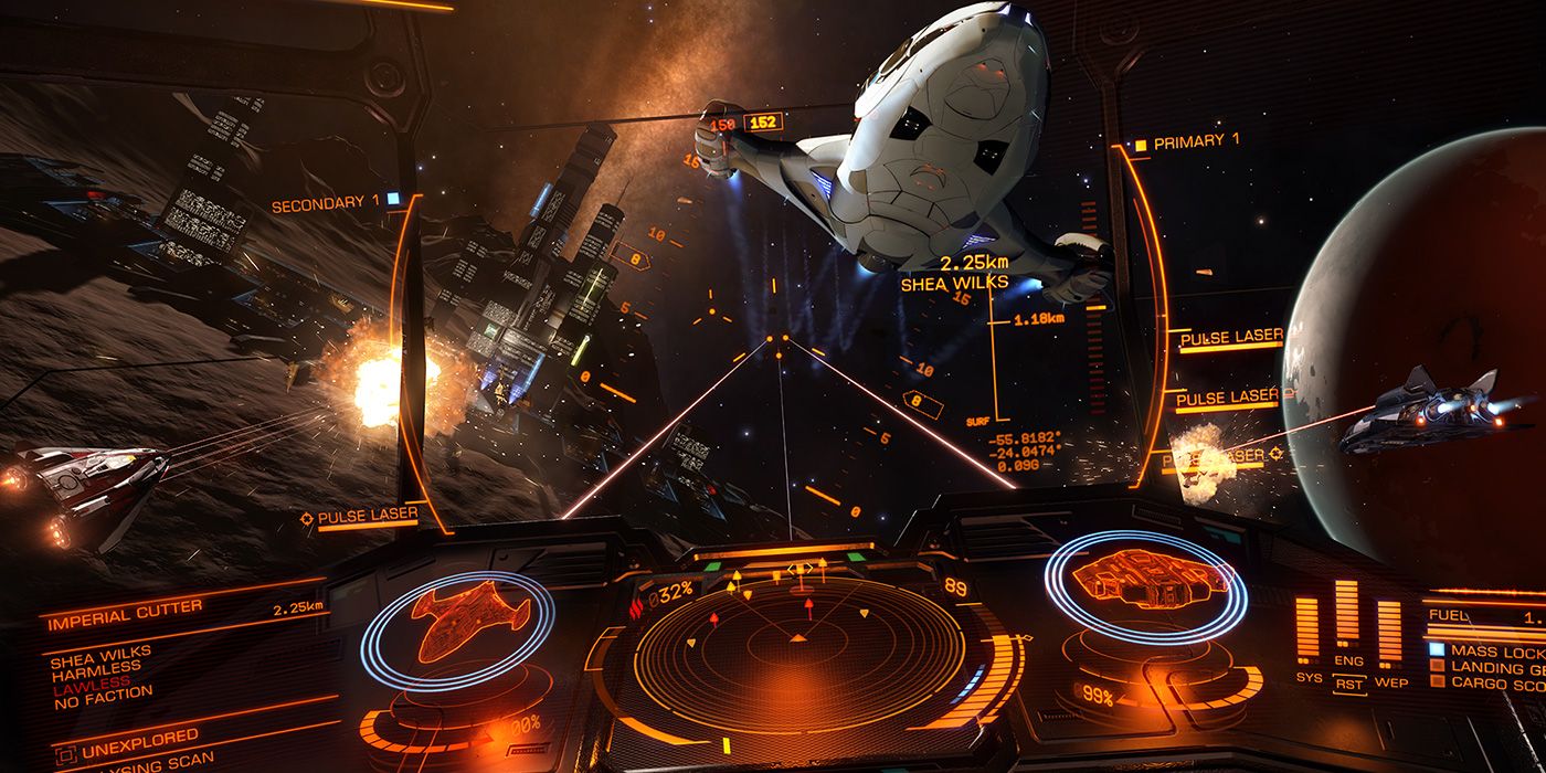 The view from the cockpit of an Elite Dangerous space craft