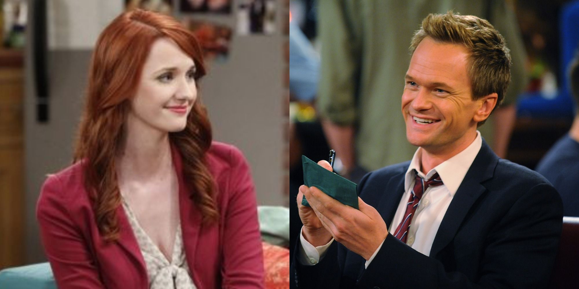 A split-screen image showing The Big Bang Theory's Emily Sweeney and How I Met Your Mother's Barney Stinson