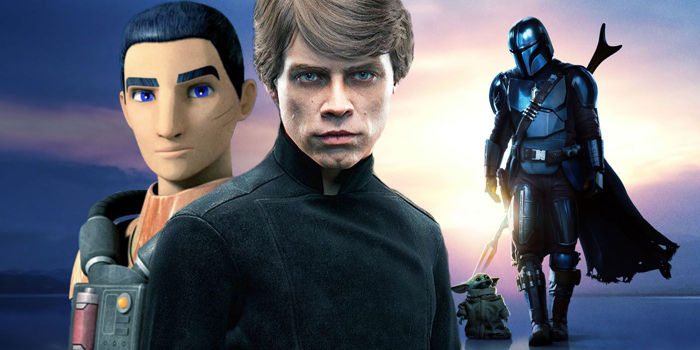 An image of Ezra Bridger, Luke Skywalker, and The Mandalorian