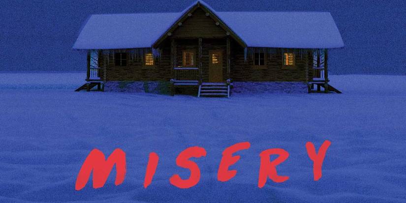 The cover of Misery by Stephen King featuring a house in the show and the title in red