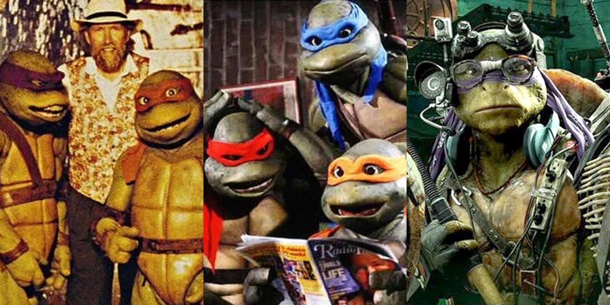 A splt image features three different depictions of the Teenage Mutant Ninja Turtles in live action movies