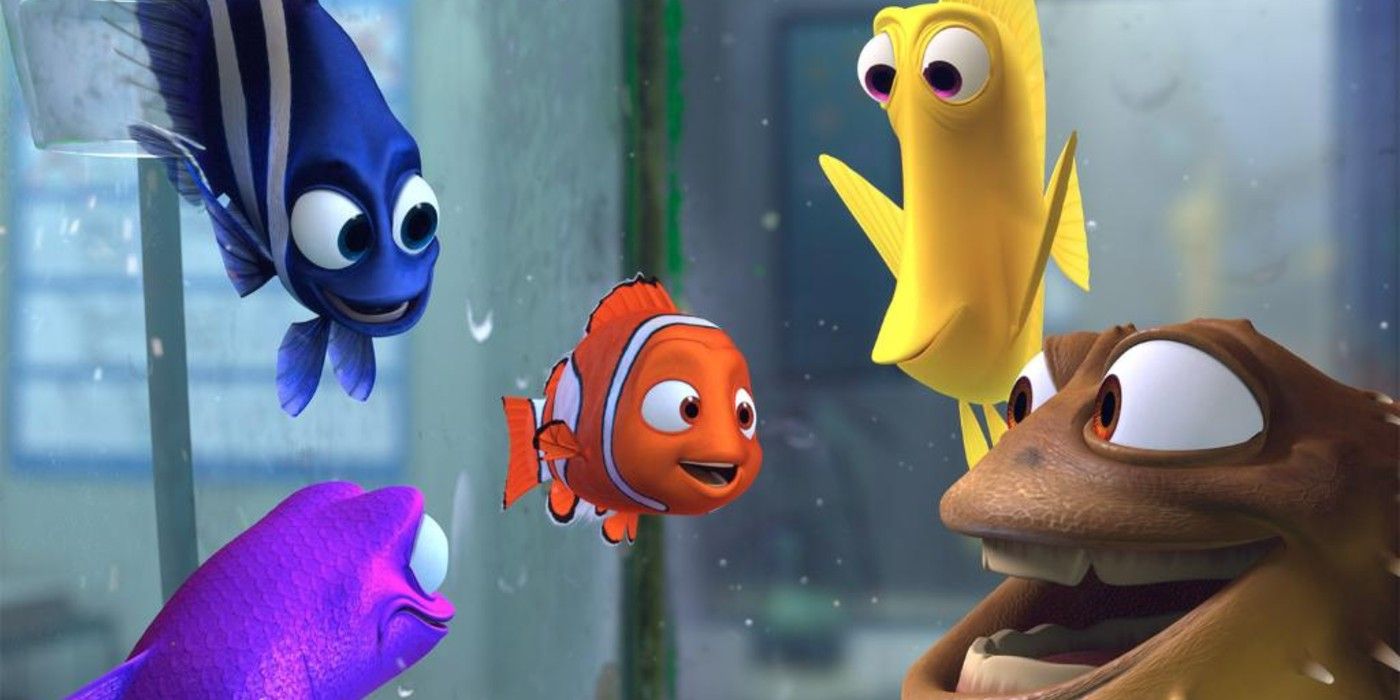 Nemo surrounded by fish in an aquarium in Finding Nemo.