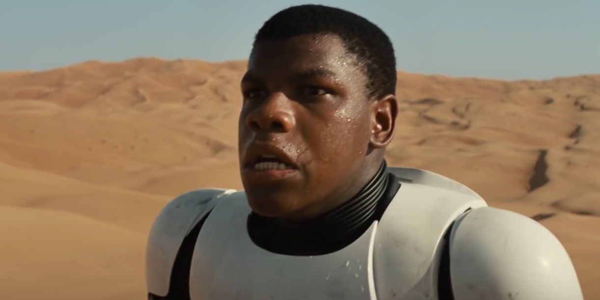 Finn in Stormtrooper armor in Star Wars The Force Awakens