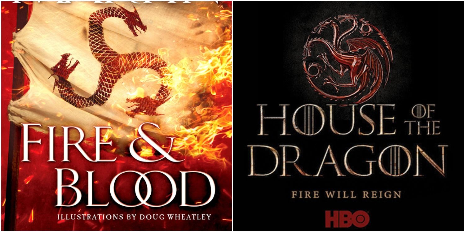 Cover art for George R. R. Martin's Fire &amp; Blood and teaser poster for HBO's House of the Dragon