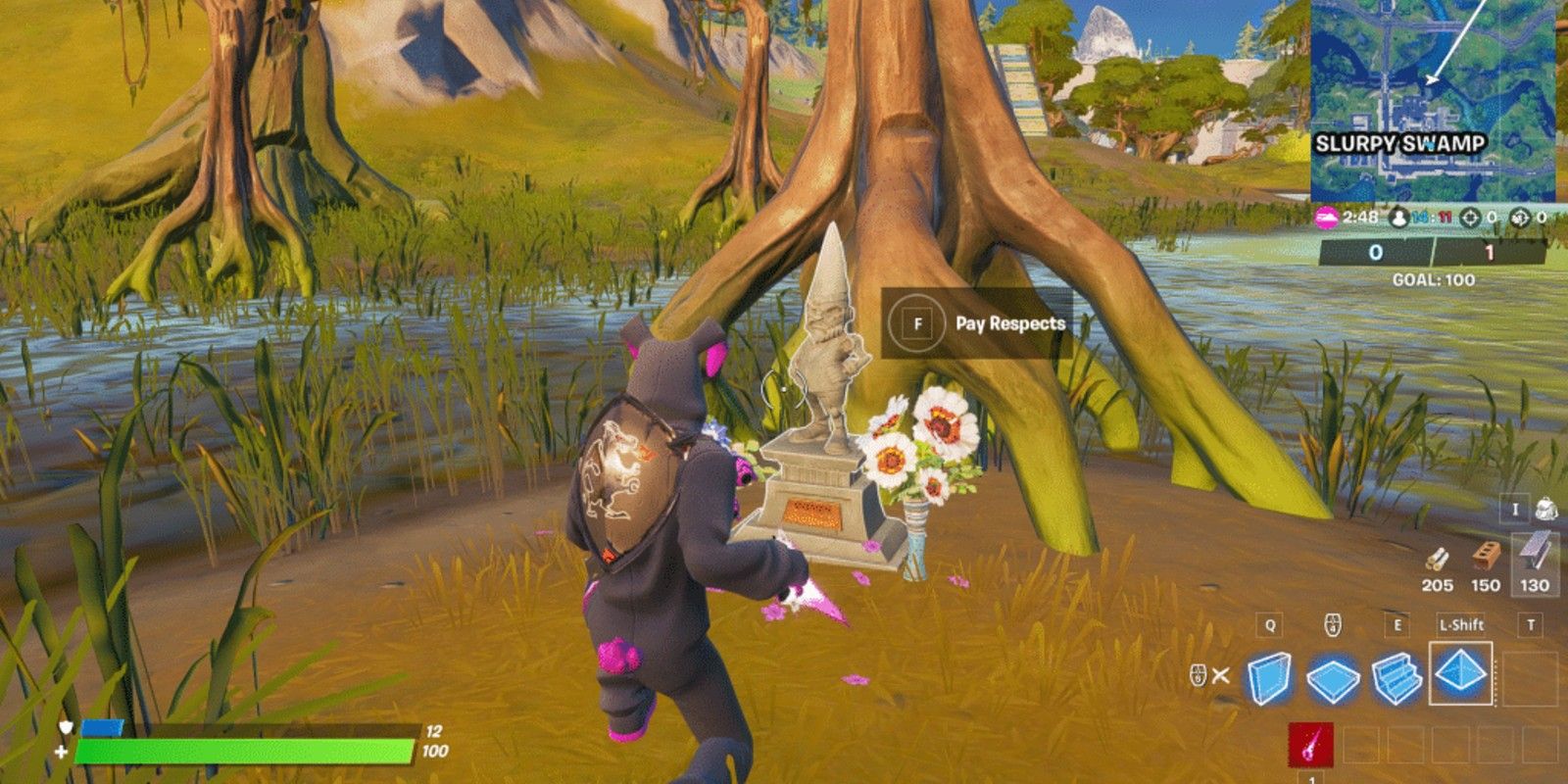 A player pays respects at the gnome's grave in Slurpy Swamp in Fortnite Season 4