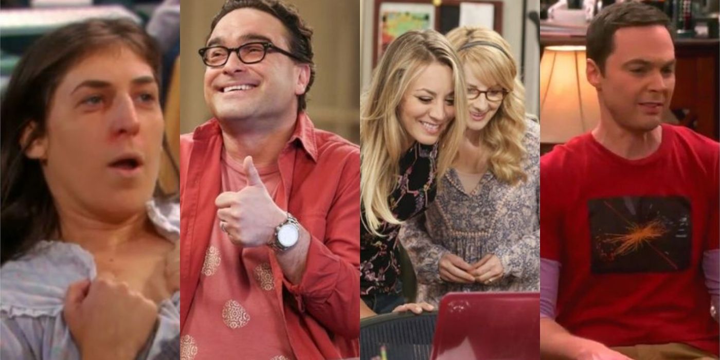 Four split images of the cast of TBBT in different scenes