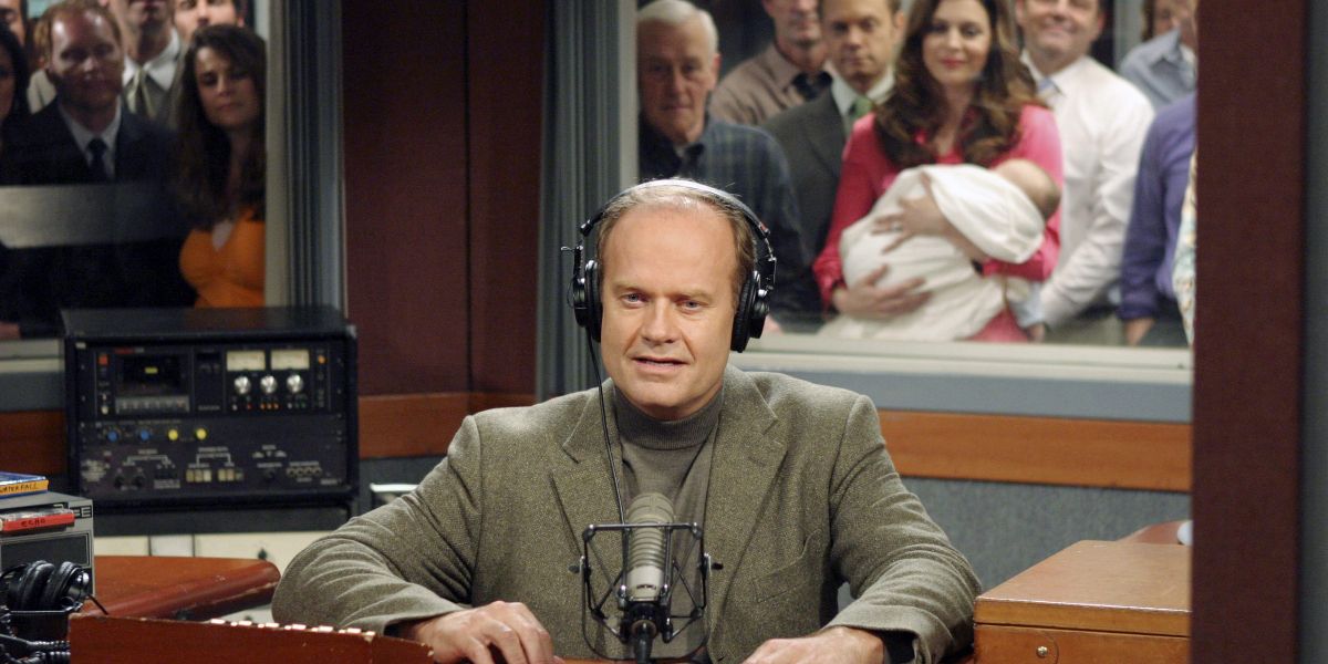 Dr. Frasier Crane delivers his final radio address as his loved ones look on from behind him