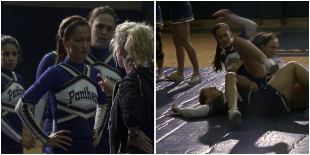 girl in blue uniform getting yelled at by blonde, same cheerleader on floor with other girls after falling