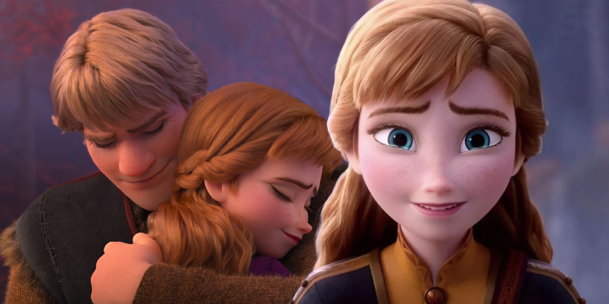 Kristoff and Anna hugging with an image of Anna smiling layered over from Frozen 2