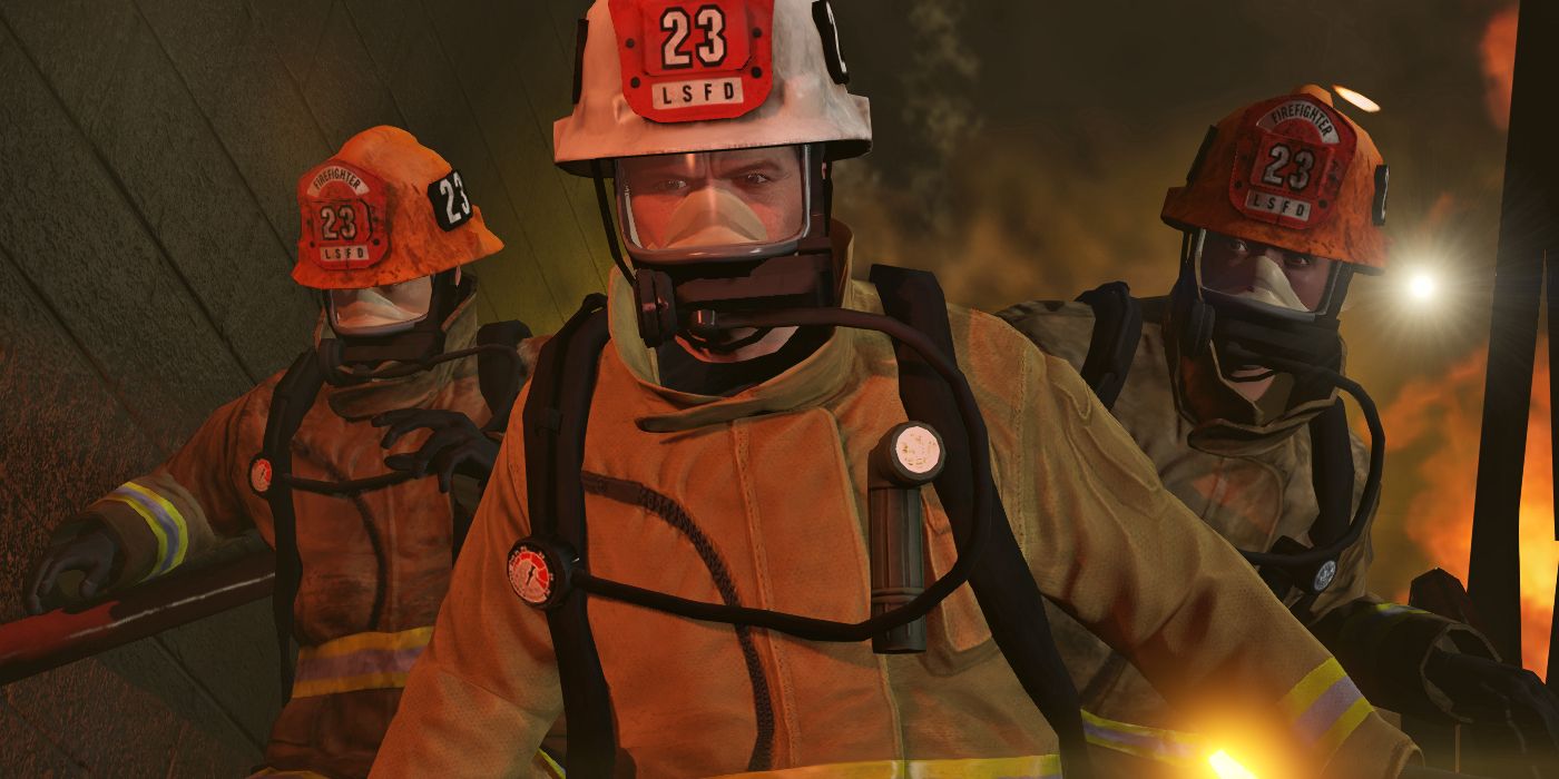 An image of Michael, Franklin and Trevor wearing their fireman suits as they are in the midst of their heist