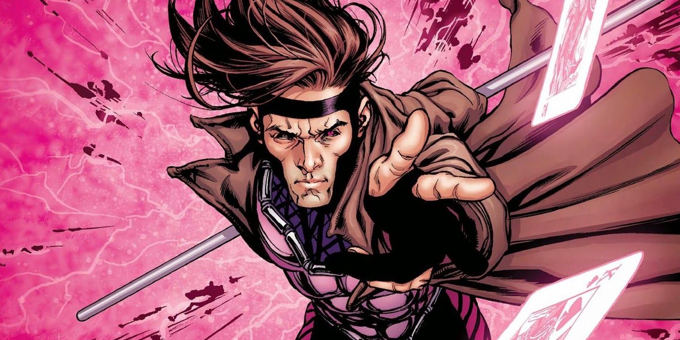 Gambit launches flaming cards on a pink background 