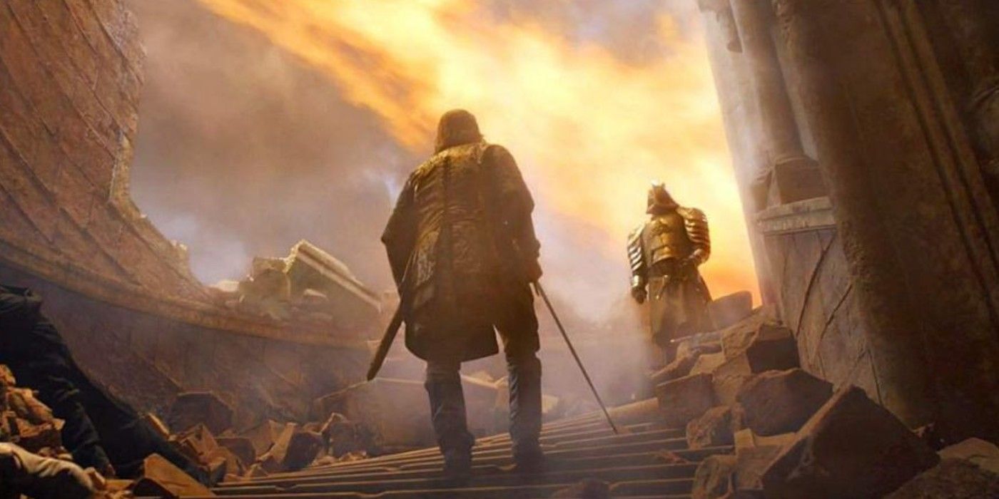 The Hound facing down the Mountain on the stairs