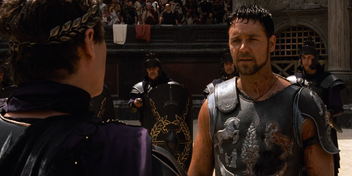 Maximus (Russell Crowe) confronts Commodus (Joaquin Phoenix) in the arena in Gladiator
