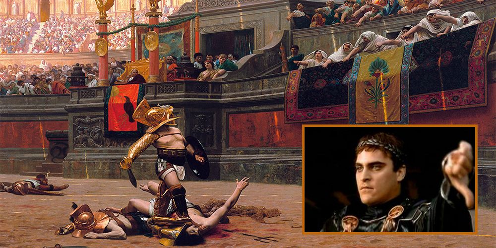 A collage image of gladiators in the Coliseum and Commodus giving a thumbs down in Gladiator