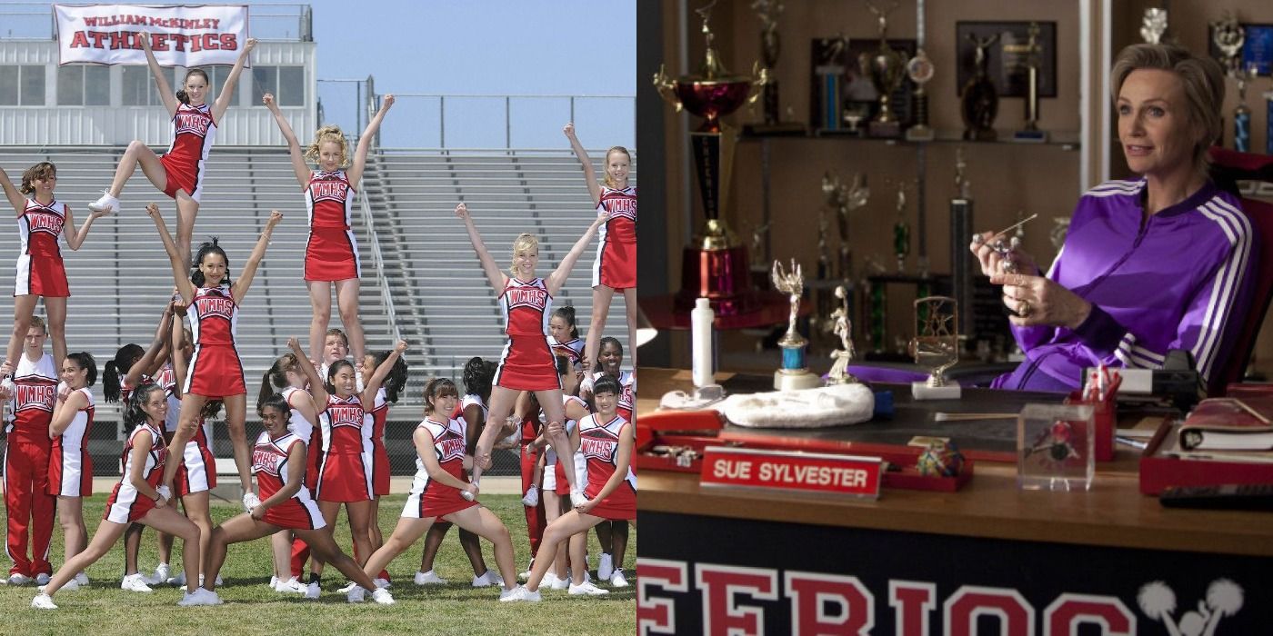 Split image showing the Cheerios and Sue in Glee