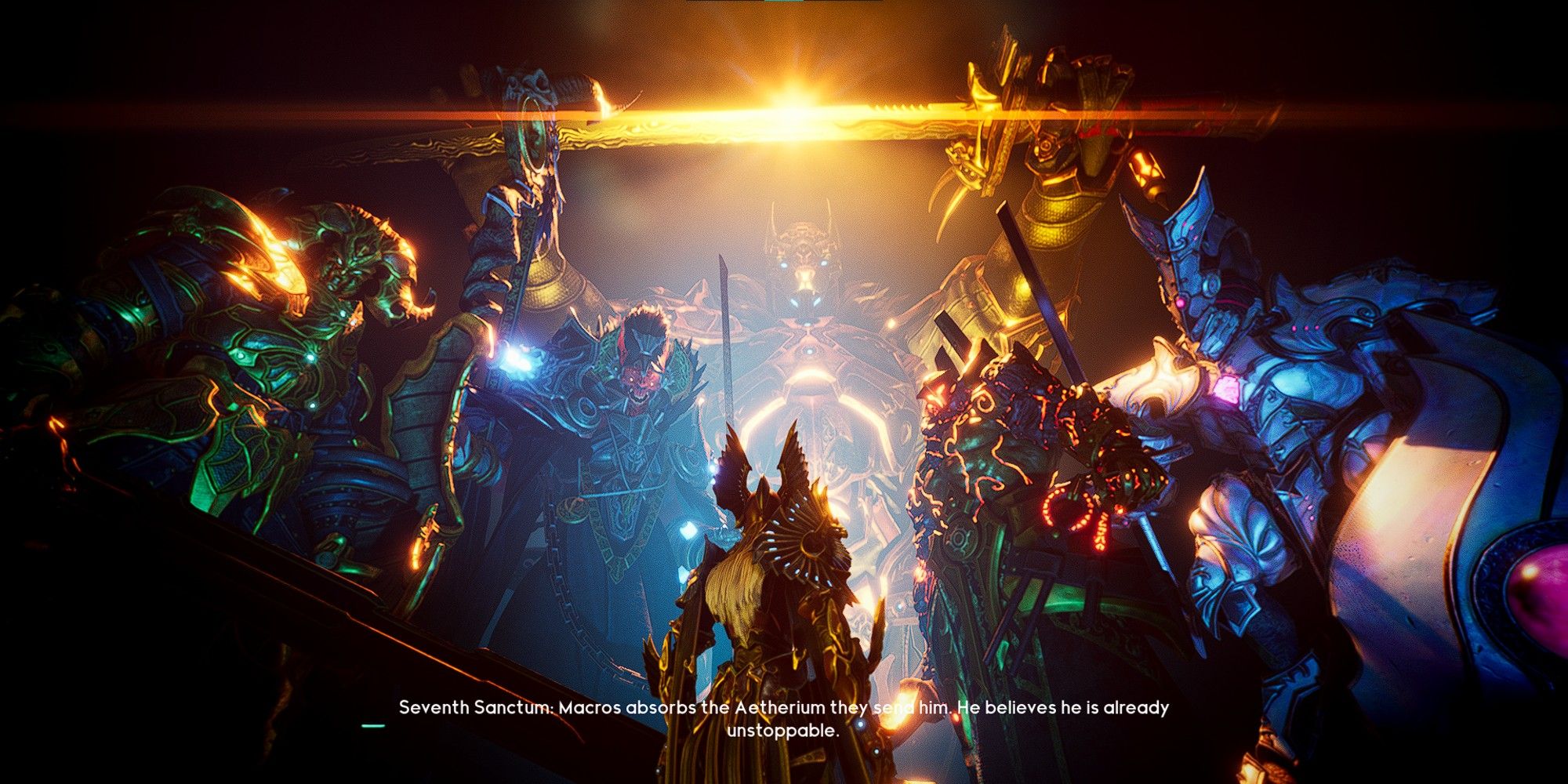 Orin stands before the image of Macros' Lieutenants in Godfall
