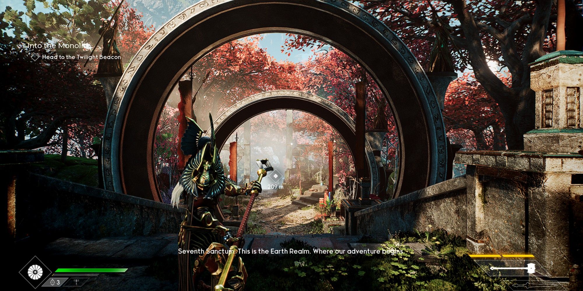 Orin starts his adventure looking for a beacon in the Earth realm in Godfall