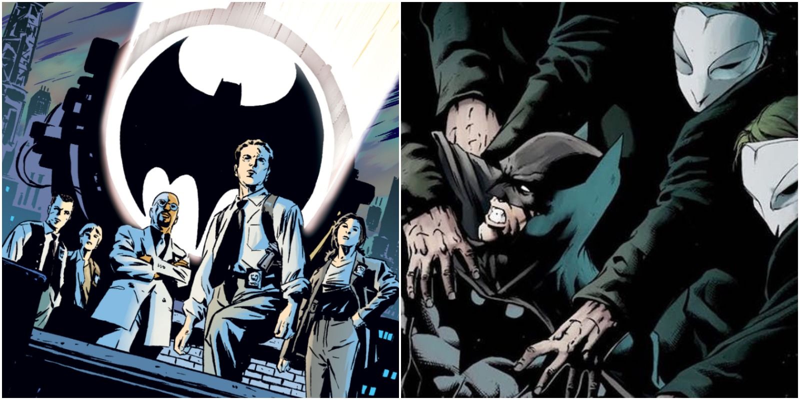 Cover art for DC's comic series Gotham Central and art for The Court of Owls arc during The New 52 Batman series