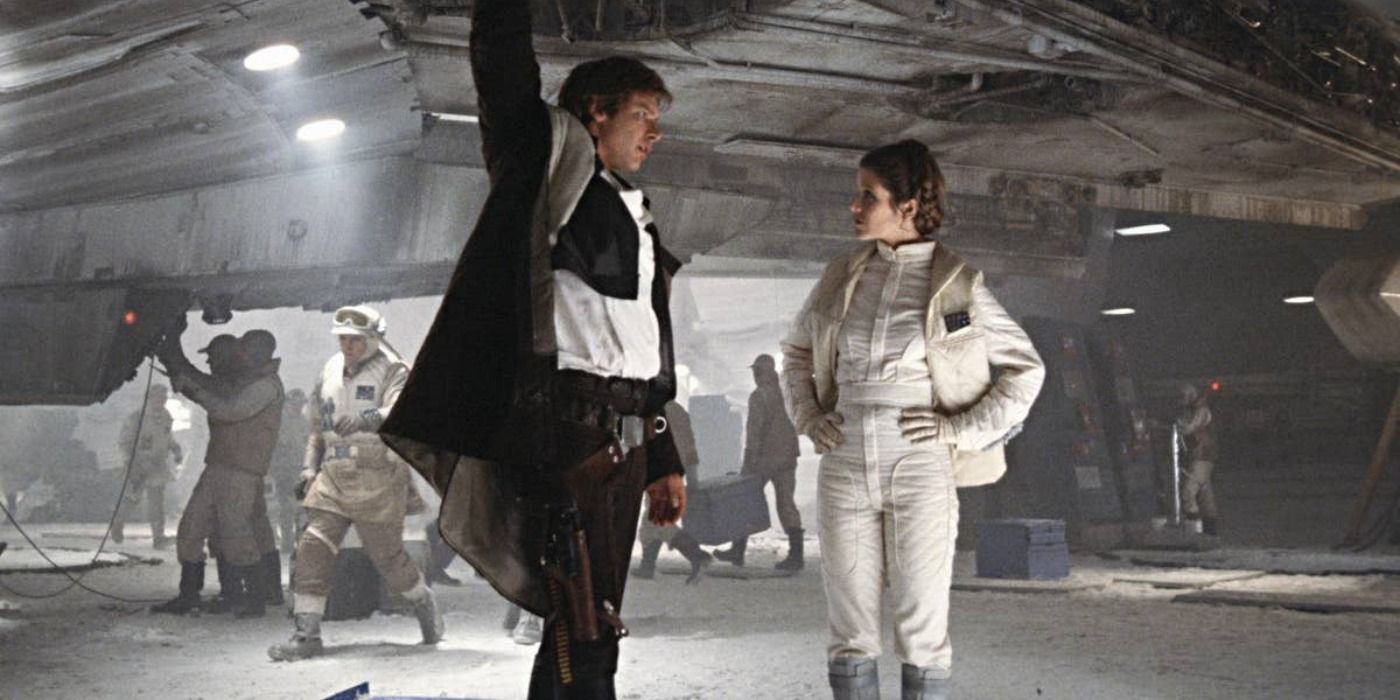 Han Solo and Leia Organa talk in the hangar on Hoth in Star Wars Empire Strikes Back