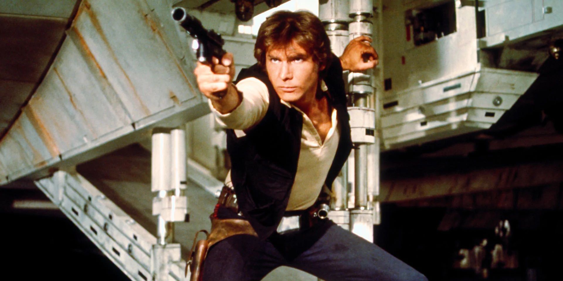 Han Solo fends off stormtroopers as he and the heroes try to escape from Tatooine in A New Hope