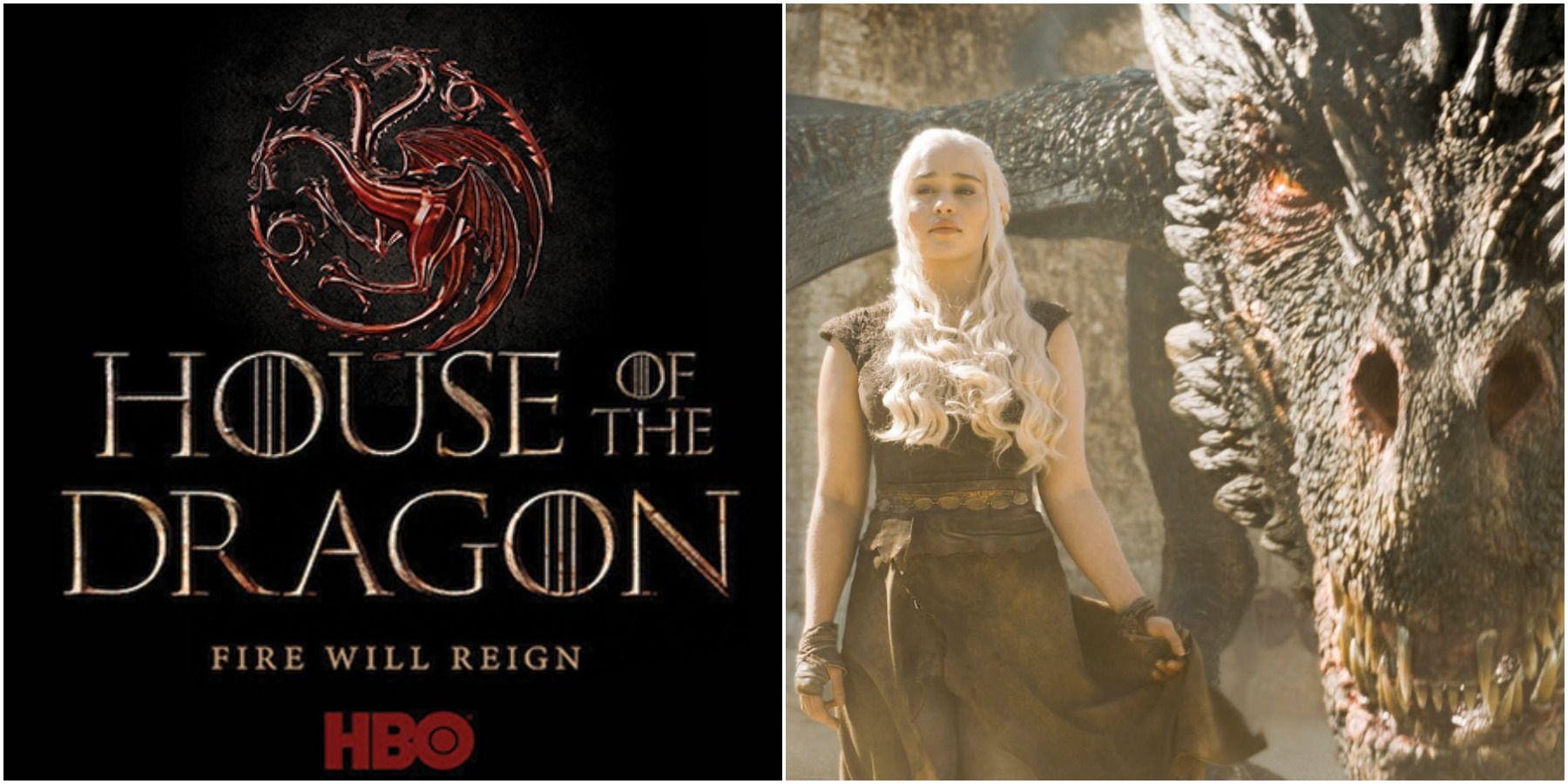 Teaser poster for HBO's House of the Dragon and a still of Emilia Clarke as Daenerys Targaryen with Drogon from Game of Thrones