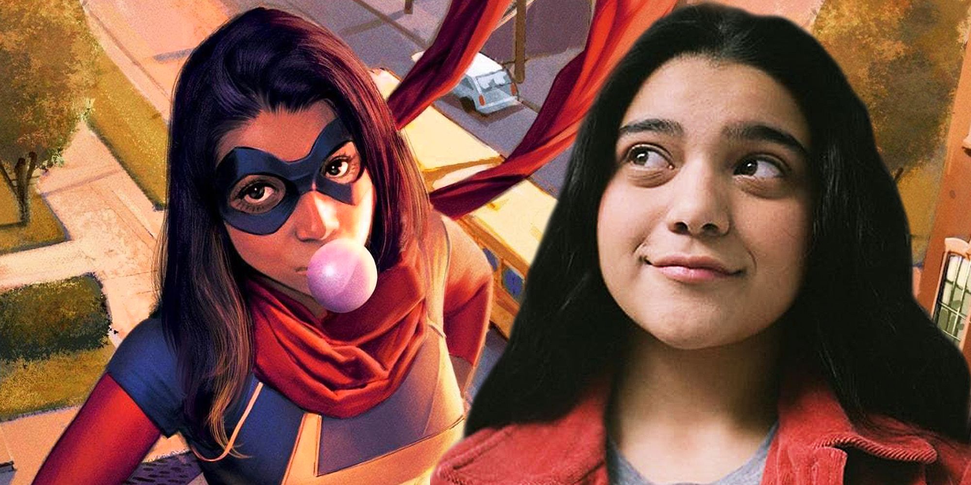 A blended image depicts Kamala Khan in Marvel comics and Imani Vellani, the actress who will play her in the MCU