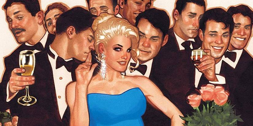 Comic book art: Invisible Woman in a blue dress surrounded by white men in suits.