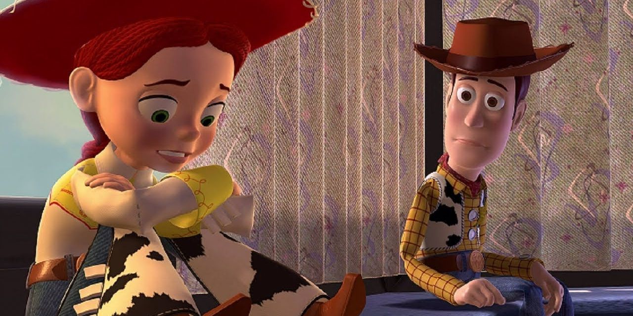 Jessie and Woody sitting on the window ledge in Toy Story 2
