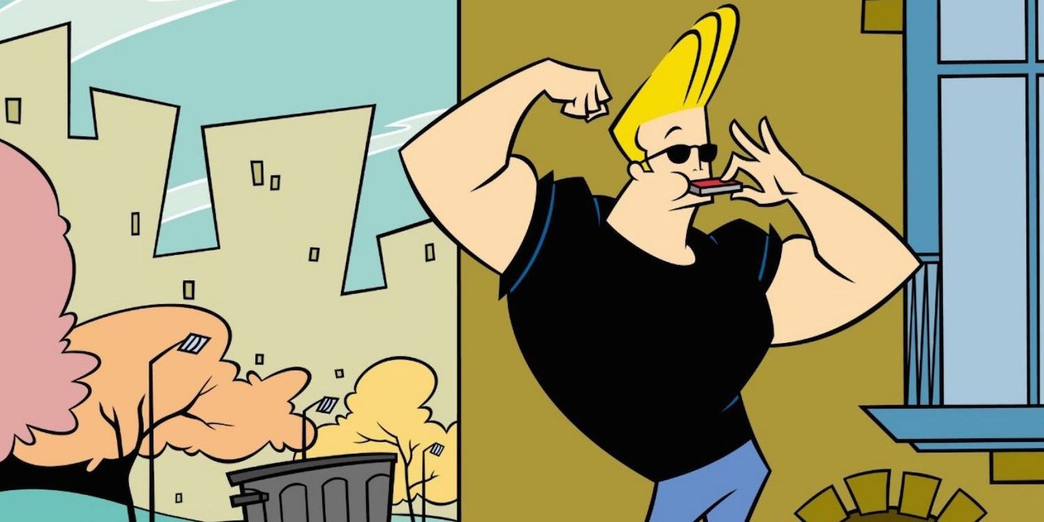 Johnny Bravo flexing his muscles while playing the harmonica