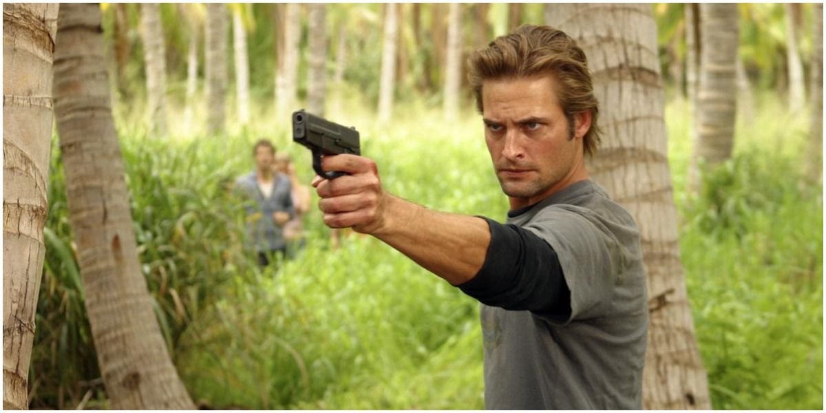 Sawyer holding up a gun on Lost