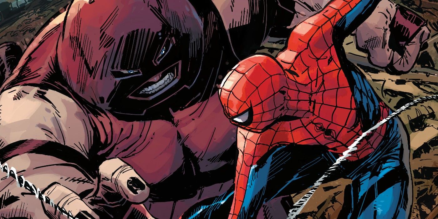 Spider-Man fights the Juggernaut in Marvel Comics.