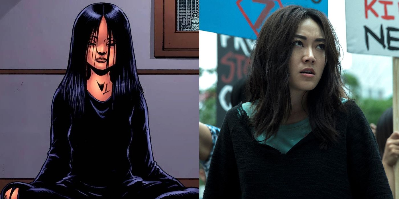 A split image of Kimiko in The Boys comics and Karen Fukuhara looking serious in The Boys show