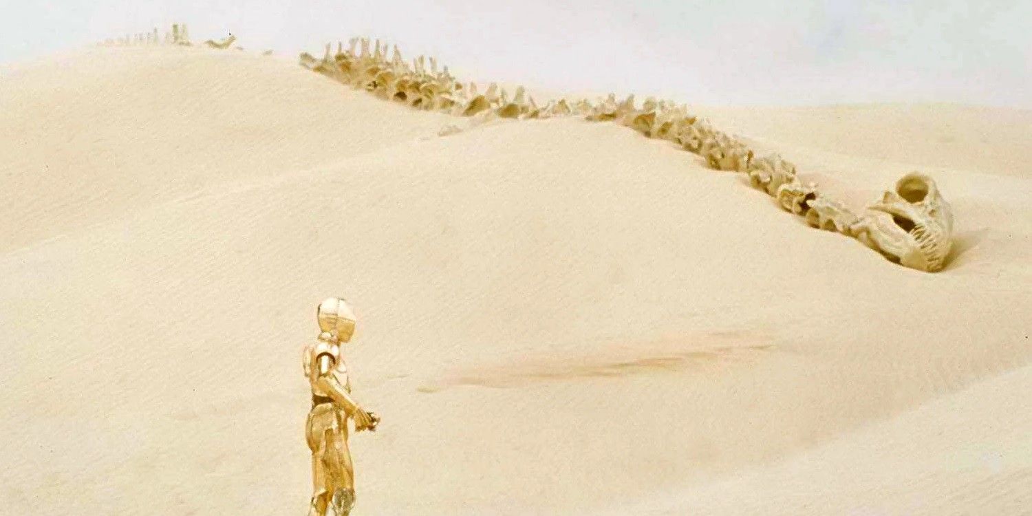 C-3PO walks alone through Tatooine and comes across the remains of a Krayt Dragon in A New Hope