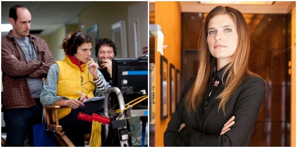woman in yellow vest and earphones looking at monitor; beauty photo of lake bell