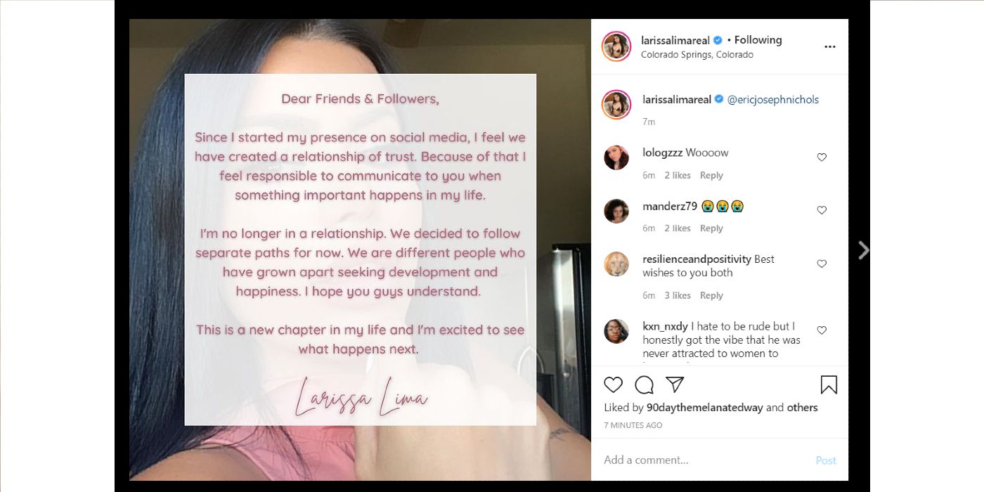 90 Day Fiancé: Larissa Lima Confirms Breakup With Eric Nichols On Instagram