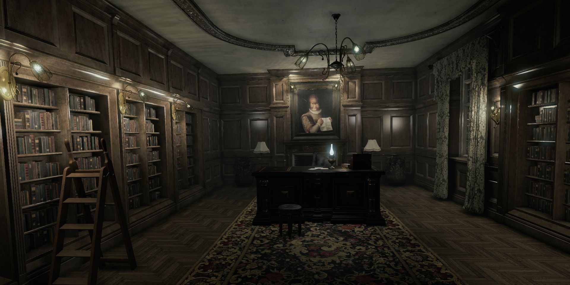 An empty library in Layers of Fear's house setting.