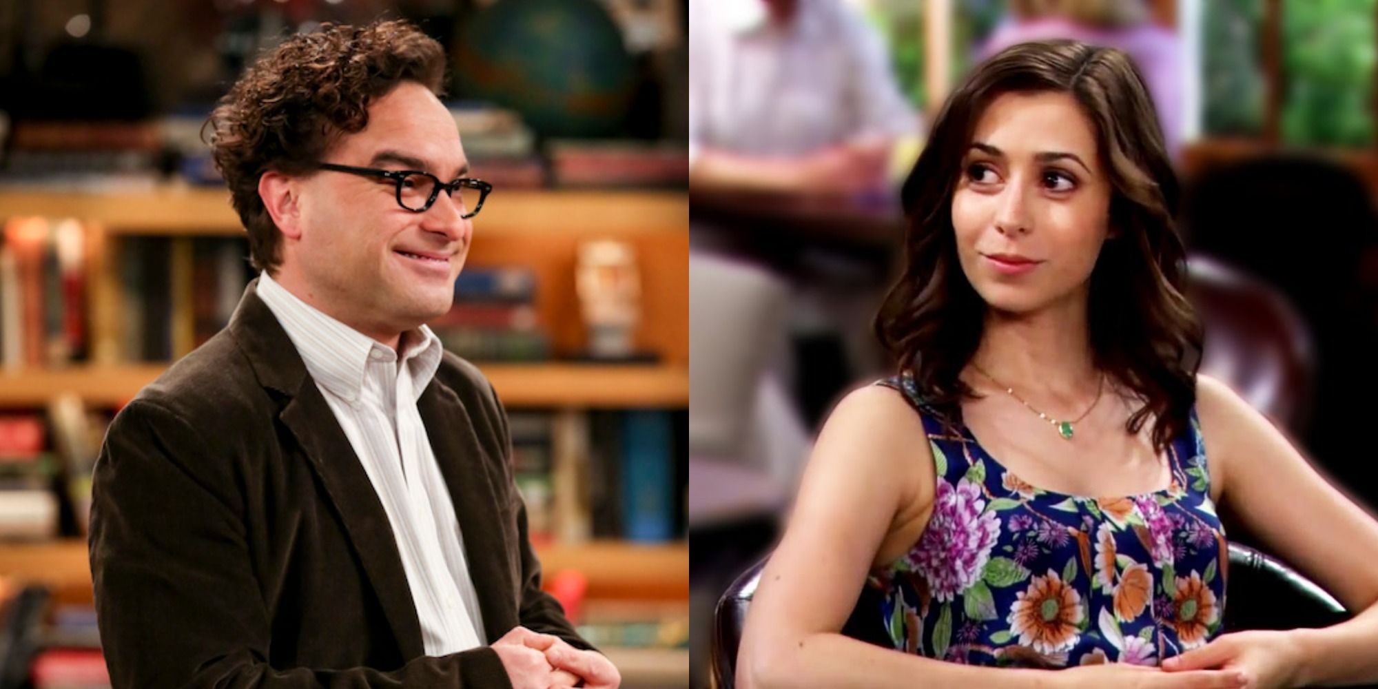 A split-screen image showing The Big Bang Theory's Leonard Hofstadter and How I Met Your Mother's Tracy McConnell-Mosby