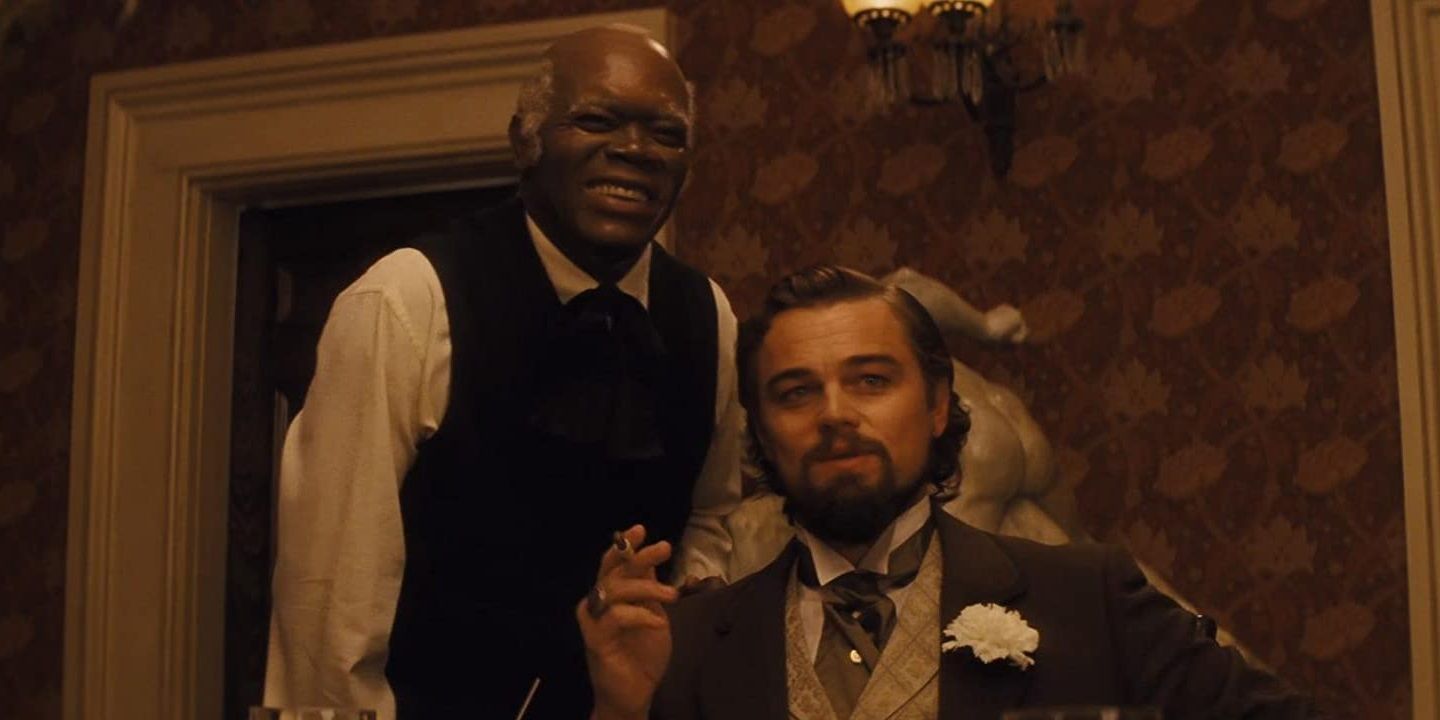 Leonardo DiCaprio and Samuel L Jackson at the dinner table in Django Unchained